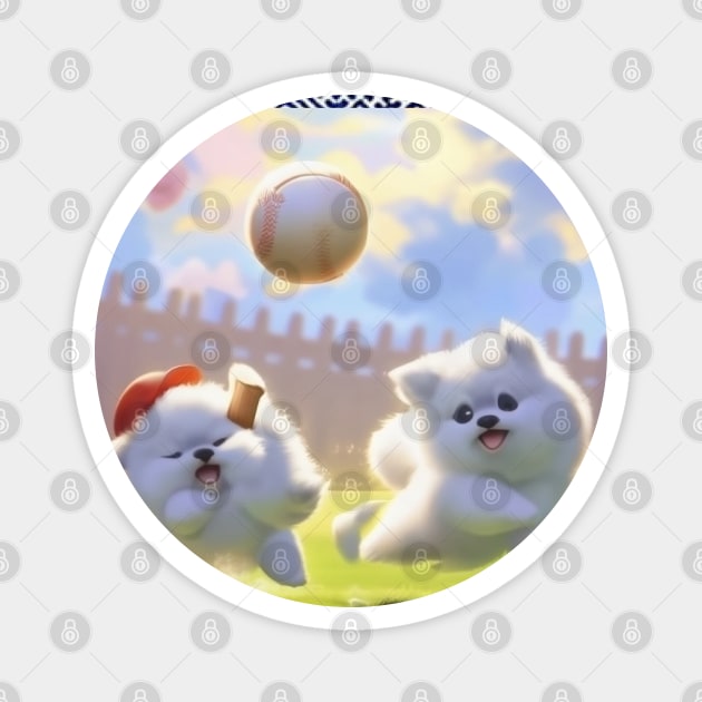 Boho Ball Game Buddies – Dogs Playing Baseball with Hmong Tribal Pattern Magnet by Pimcolle